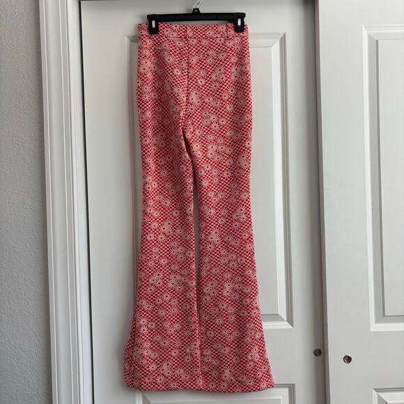 Zara Women’s Orange Daisy Print Flare Pant Sz S Split Hem Retro 70s Boho - Picture 6 of 13